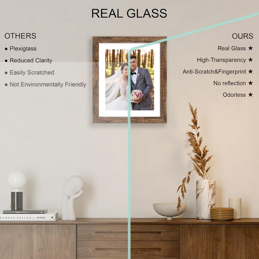 10x12 Picture Frame Set of 4, Made of Real Glass and Rustic Brown Frame - Display Picture 8x10 with Mat or 10x12 Without Mat, 10 by 12 Photo for Wall Mounting