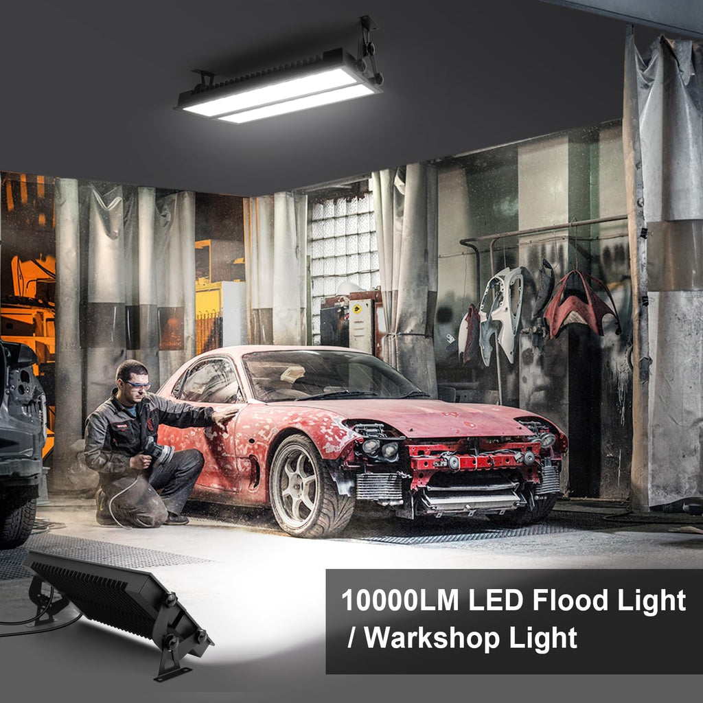 2 Pack LED Shop Light for Garage, 120W 10000lm 5000K Daylight LED High Bay Light, IP66 Waterproof Outdoor Flood Light with US Plug 5FT Cable for Workshop Yard Garage Factory Area Lighting Fixture