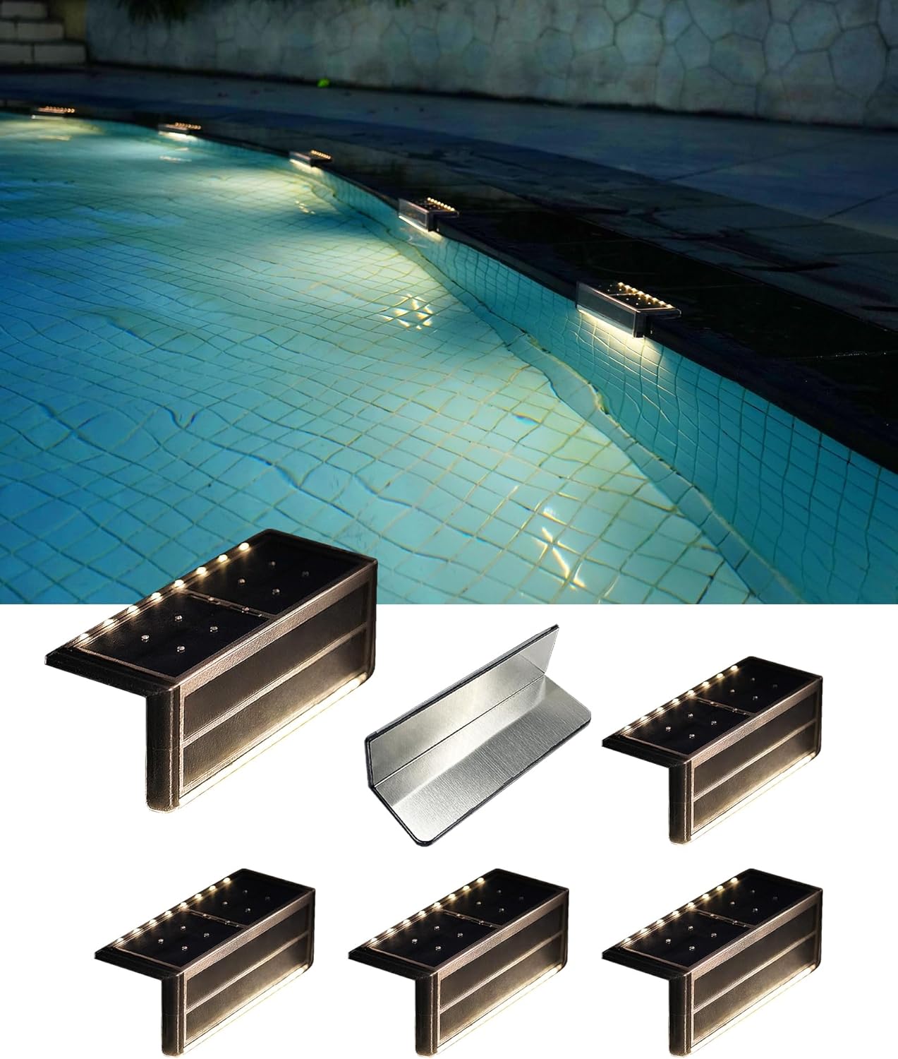 Solar Pool Lights, IP67 Waterproof Step Lights for Outside, Heavy Duty Stainless-Steel Retaining Wall Light, Ultra-Thin & Anti-Trip 26LEDs in 2-Way for Path, Stair (Warm White, 6Pack)
