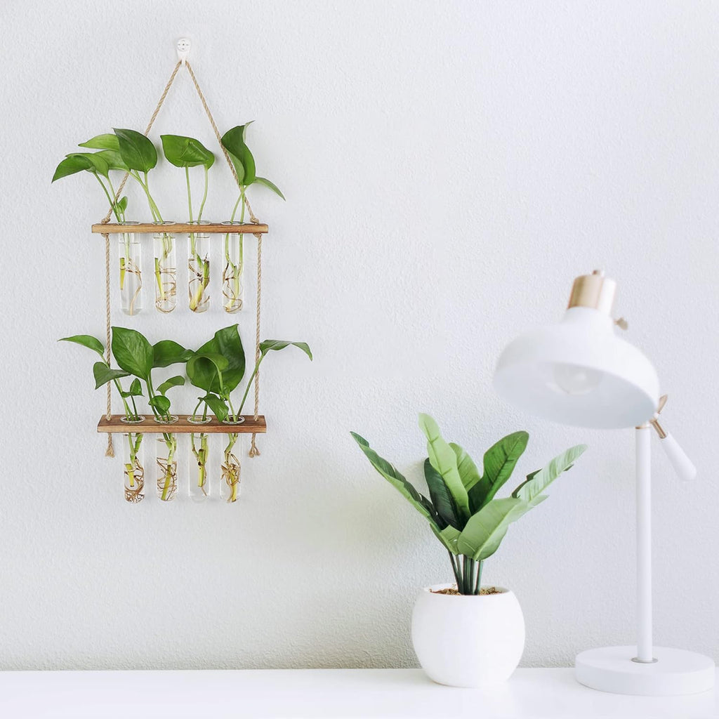 Wall Hanging Planter Terrarium 2 Tired Test Tube Vase Glass Planter Plant Propagation Station Plant Hangers of Rope with Wooden Stand and 8 Tubes for Hydroponic Plant Cutting