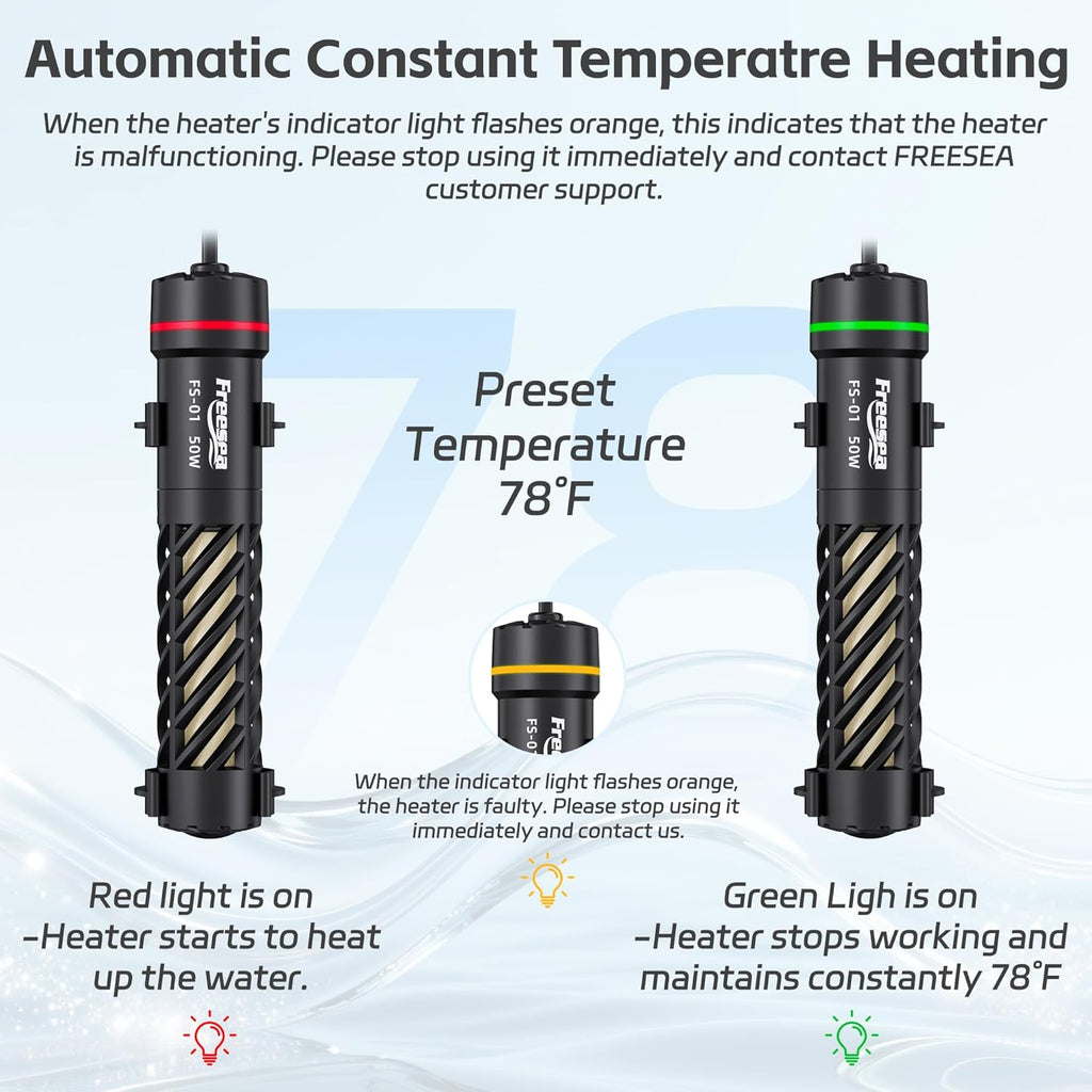 FREESEA Aquarium Heater for Fish Tank: 50W Small Submersible Thermostat with Off-Water Protection & UL Certified Cord for 3-10 Gallon Fish Turtle Tanks Enthusiasts