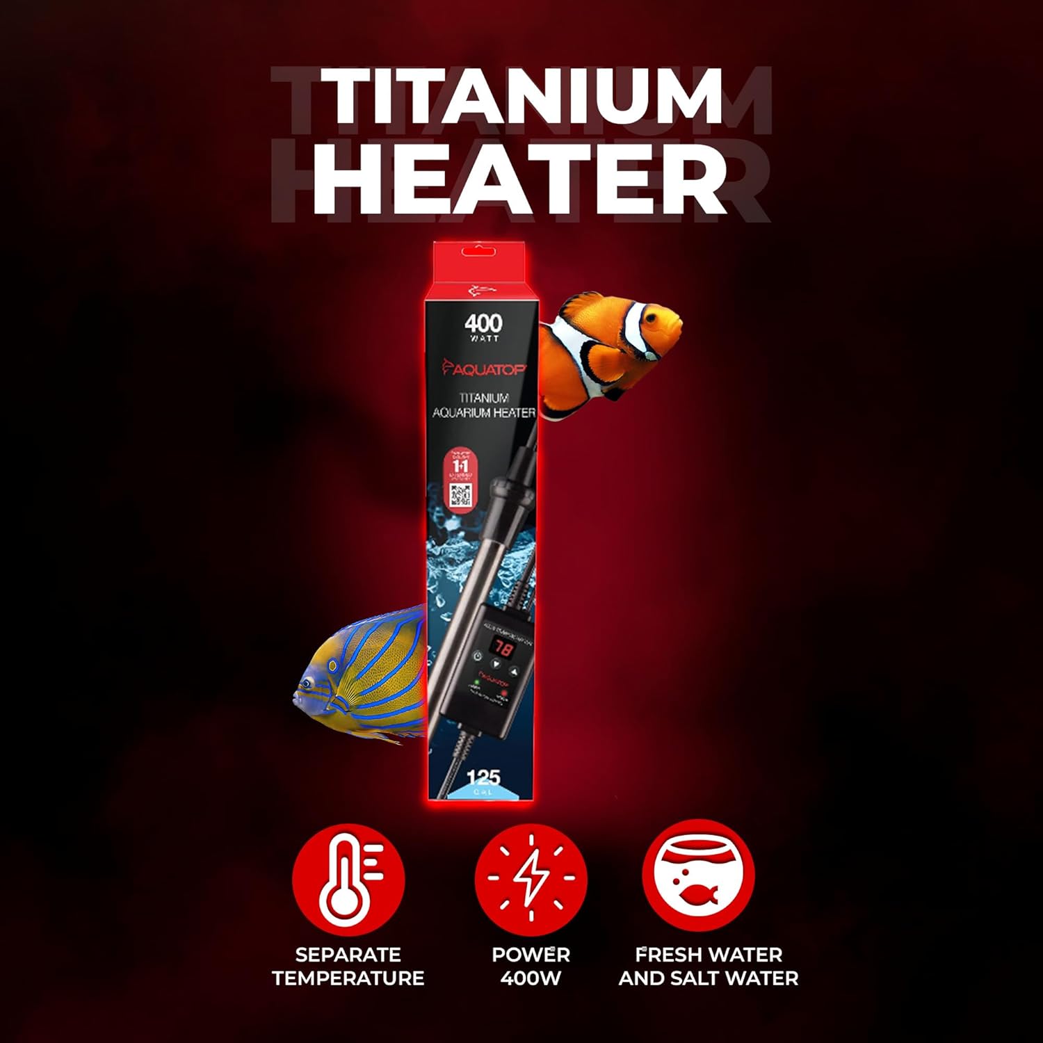 Aquatop 400W Titanium Heater with Controller – Fully Submersible - Up to 125 Gal – 68-92°F Adjustable Temperature – for Fresh and Saltwater – TH-C400