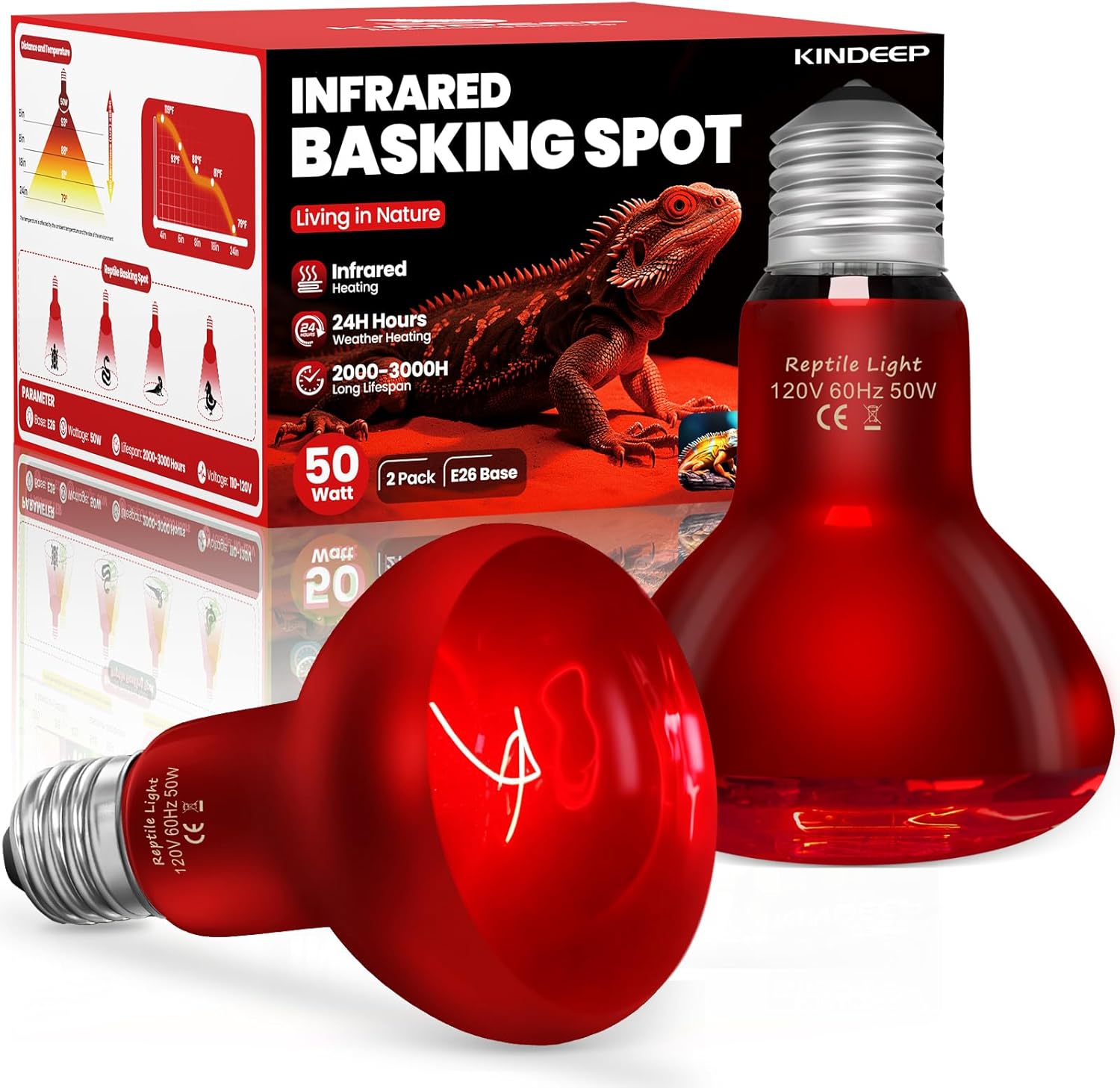 KINDEEP Infrared Heat Lamp Bulbs: 50W Reptile Heat Light 2 Pack - Red Basking Spot Light Bulbs Reptile Heating lamp for Lizard Bearded Dragon Turtle Snake Leopard Gecko Tortoise Chickens