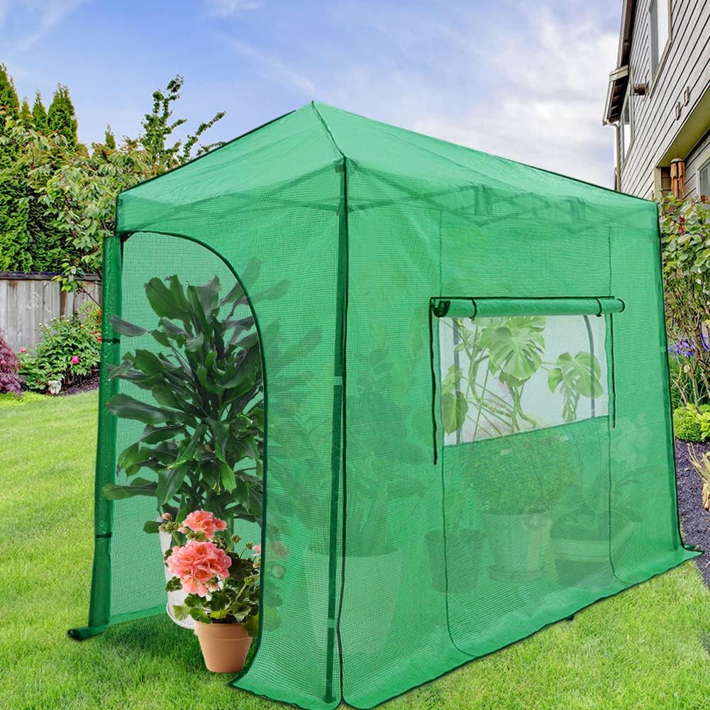 EAGLE PEAK Instant Pop-up Greenhouse, Indoor Outdoor Plant Gardening Green House, Roll-Up Zipper Doors and Side Windows, Lean-to 10x5 ft, PE Cover, Green/Clear