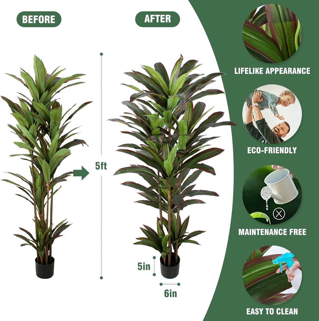 Dracaena Artificial Plant 5ft Red Yucca Silk Tree Faux Plants Indoor Tall Fake House Floor Plants Realistic Artificial Trees for Home Office Decor Indoor Outdoor Housewarming Gift