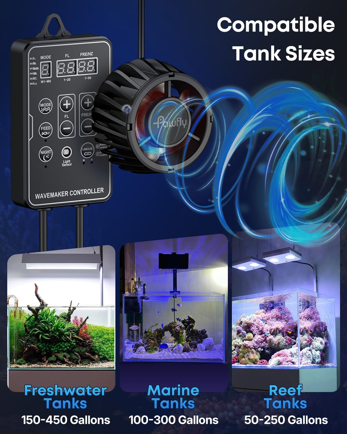 Pawfly 3400 GPH Wave Maker for Aquarium, DC 24V 20W Aquarium Powerhead with LED Controller, Quiet Submersible Wavemaker, Water Circulation Pump for 50-450 Gallon Freshwater Saltwater Tank