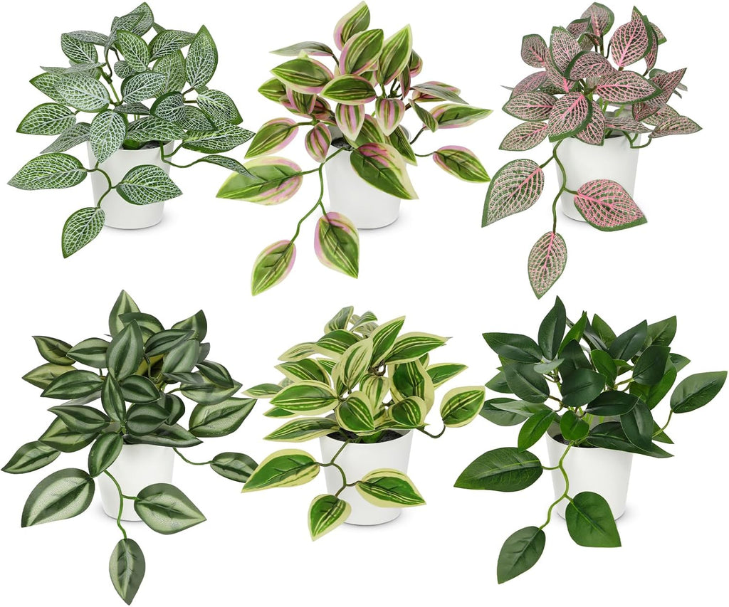 Hollyone Fake Plants 6 Pack Artificial Plants Indoor Faux Plant with White Plastic Pot Small Fake Potted Plant for Home Aesthetic Living Room Bathroom Desk Shelf Office Decor