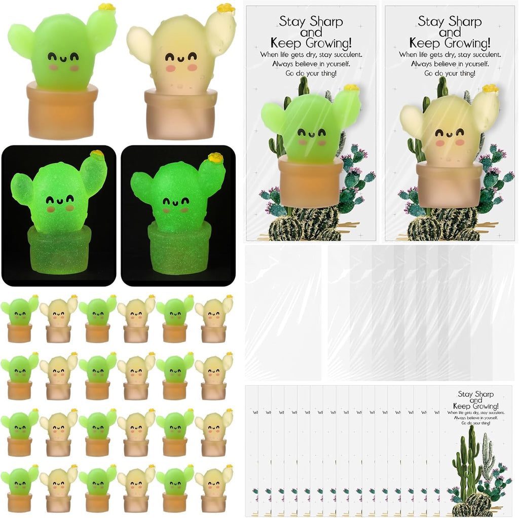 Wettarn 30 Sets Emotional Luminous Cactus Stress Ball Gifts Bulk Office Christmas Appreciation Gift Cute Cactus Squeeze Funny Mini Stress Relief Ball Positive Cards for Coworker Employee Nurse Staff
