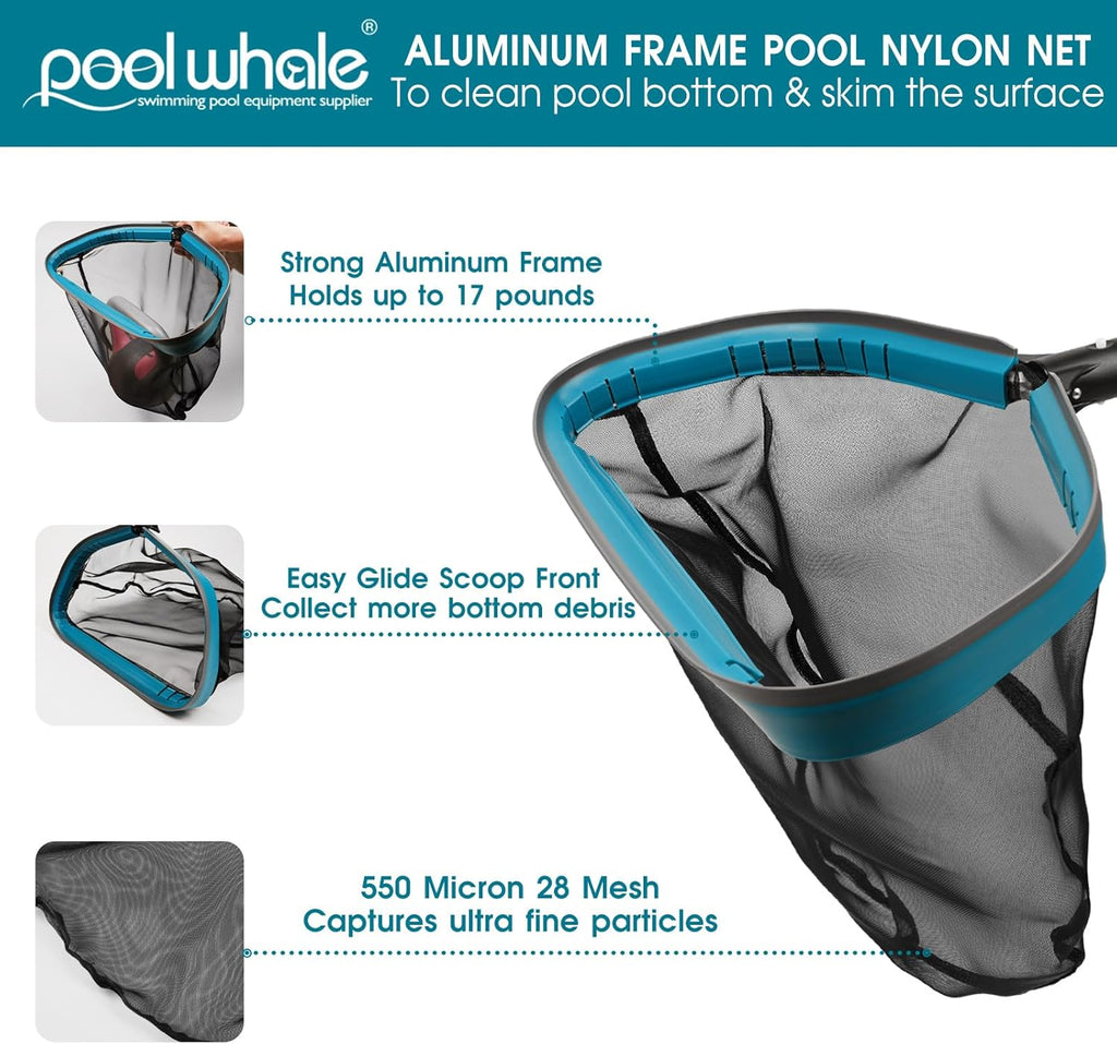 Swimming Pool Cleaning Kit - Aluminum Frame Skimmer Net with 10Ft Adjustable Pole & 17.5” Pool Brush Head, Pools Maintenance Kits for Inground & Above Ground Swimming Pools, Removes Debris
