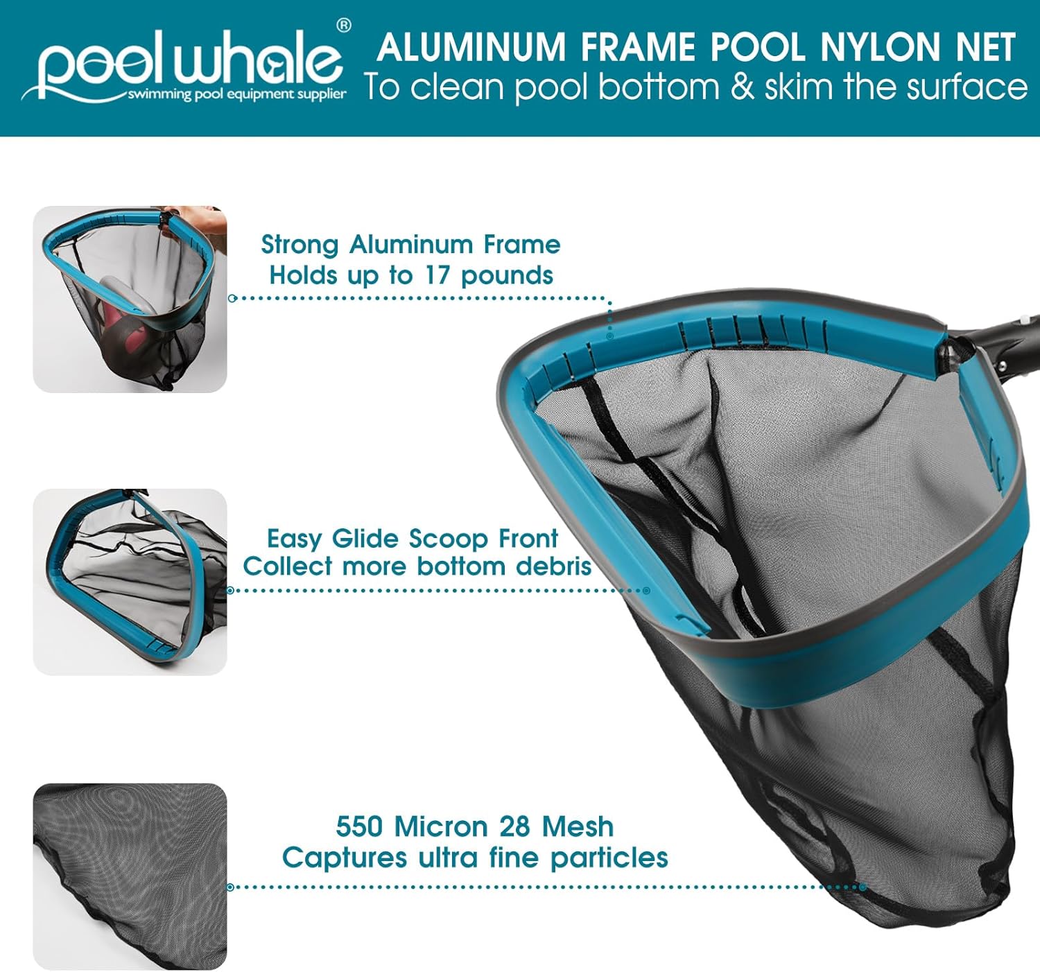 Swimming Pool Cleaning Kit - Aluminum Frame Skimmer Net with 10Ft Adjustable Pole & 17.5” Pool Brush Head, Pools Maintenance Kits for Inground & Above Ground Swimming Pools, Removes Debris