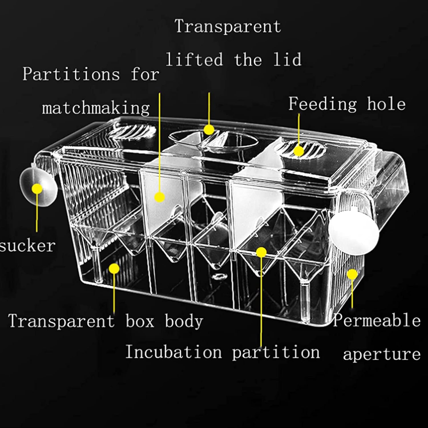 Tfwadmx Fish Breeding Box, 3 Rooms HD Aquarium Breeder Box with Suction Cups Hatchery Acrylic Fish Incubator Isolation with Artificial Plant for Guppy Hatchery