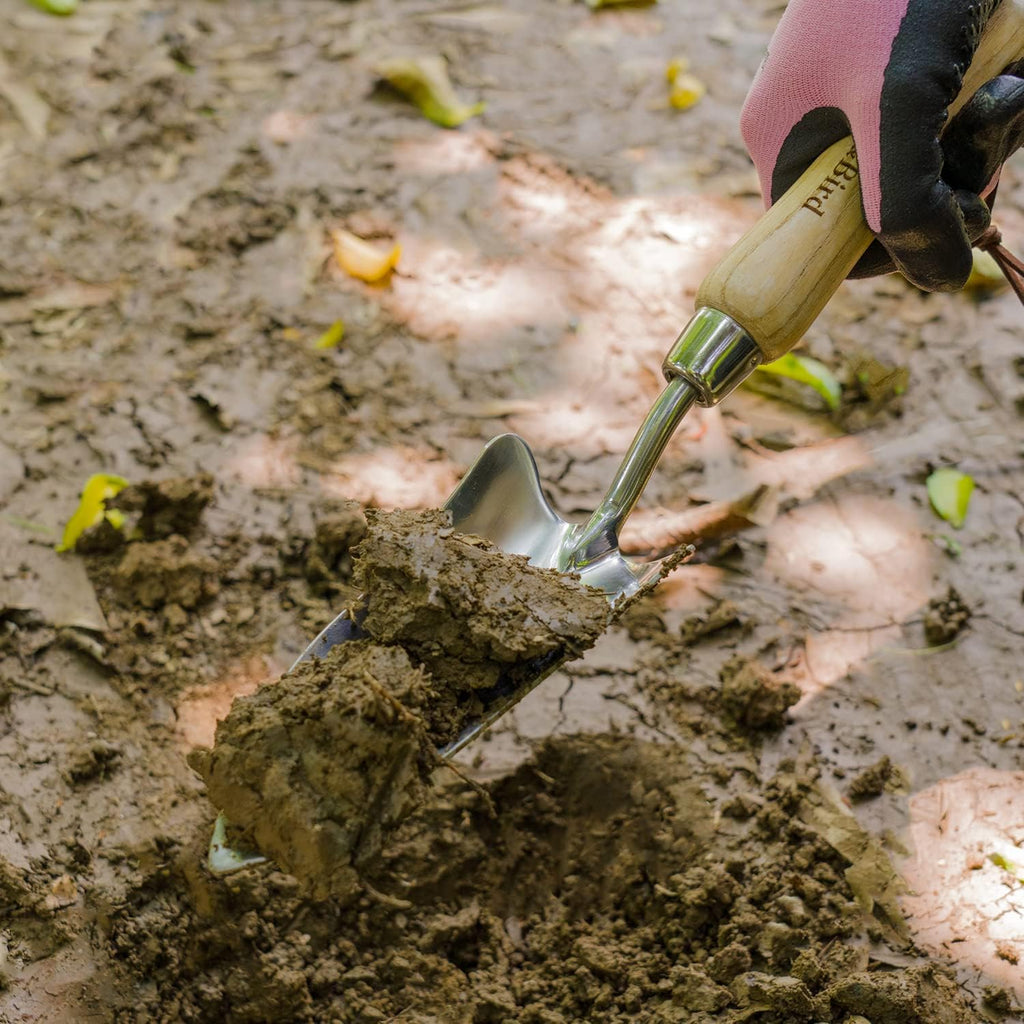 Berry&Bird Transplant Trowel with Measurements, Garden Stainless Steel Potting Hand Trowel with Wooden Handle, Small Garden Hand Shovel Transplanter Tool for Planting Digging Transplanting Gardening