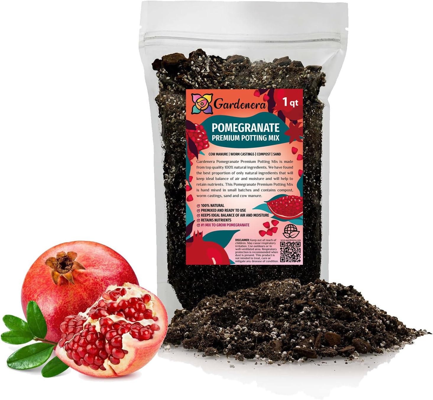 Gardenera Premium Pomegranate Potting Soil Mix - Ideal Nutrient Blend for Growing Robust, Flavorful, and Bountiful Pomegranate Trees - 1 Quart