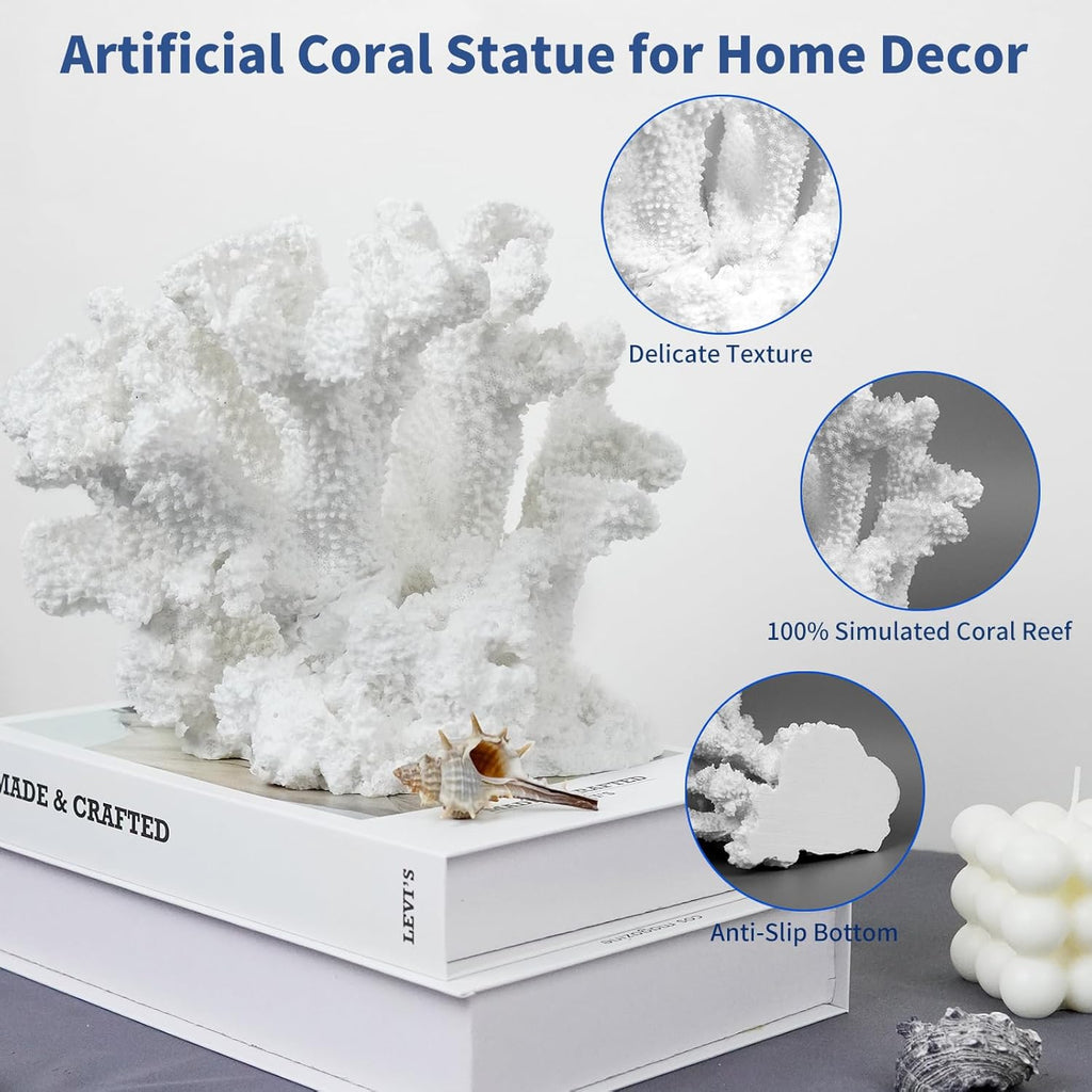 Coral Beach Decor, 7'' High x 8.6'' Width Artificial Resin Coral Reef Statue for Ocean Coastal Beach Nautical Themed Room Bathroom Decor for Home,RB1005W,White