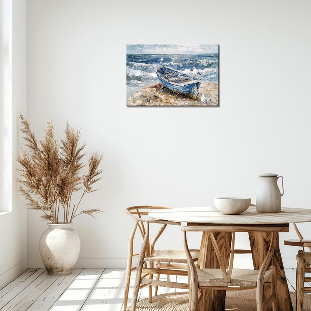 GLOKAKA Bathroom Wall Art Coastal Decor Boat on Beach Canvas Picture Seagull Seascape Wall Decor Abstract Ocean Seashore Print Painting for Bedroom Office