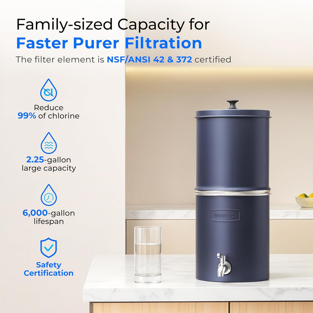 Waterdrop 2.25G Gravity Water Filter System, NSF/ANSI 42&372 Standard, Stainless Steel System with 2 Carbon Filters, Reduces 99% of Lead and Chlorine for Home, Camping, Emergencies, King Tank, Blue