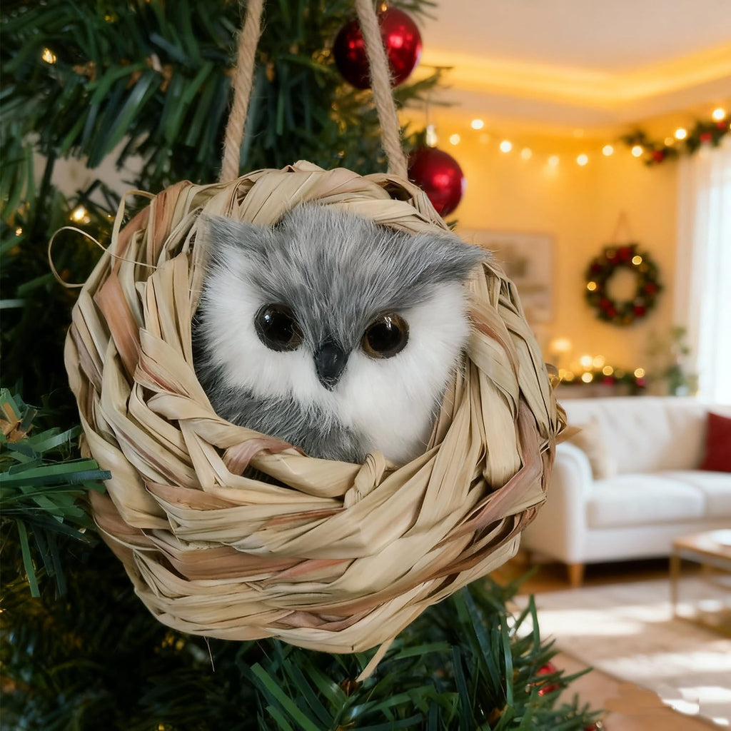 3D Forest Animals Ornaments for Christmas Tree Woodland Furry Animal Ornament Handmade Bird Nest with Plush Animals for Xmas Tree Faux Fur Animal Hanging Decoration Home (4inch Nest & owl)