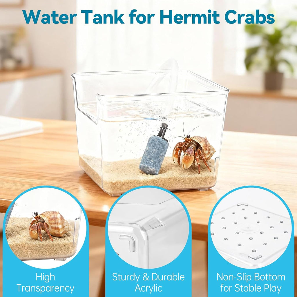 Hermit Crab Pool with Bubbler, Hermit Crab Tank with Aquarium Air Pump, Quiet Oxygen Bubbler Pump with Air Stone, Transparent Water Tank with Climbing Ramp, Ideal for Small or Medium Habitat Home