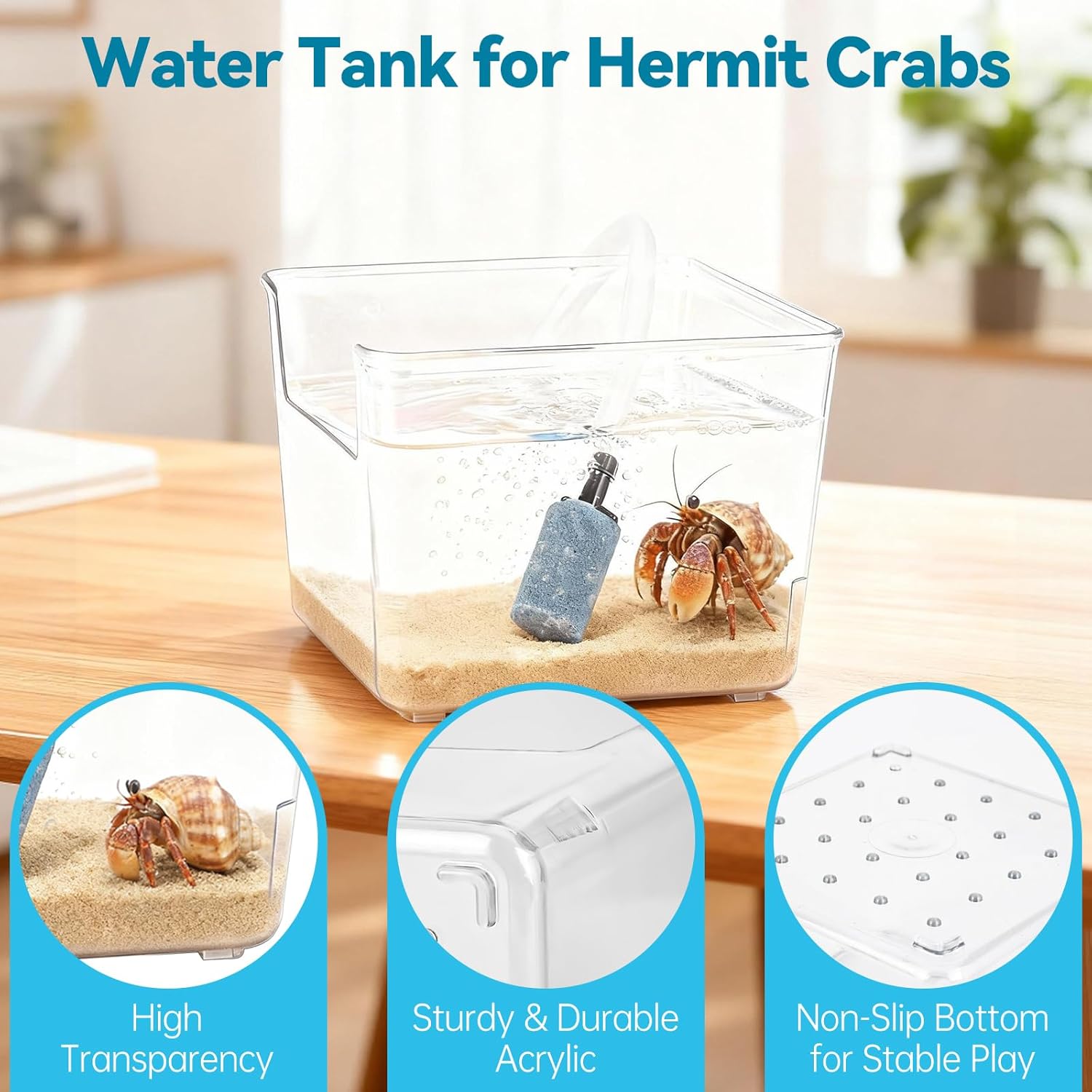 Hermit Crab Pool with Bubbler, Hermit Crab Tank with Aquarium Air Pump, Quiet Oxygen Bubbler Pump with Air Stone, Transparent Water Tank with Climbing Ramp, Ideal for Small or Medium Habitat Home