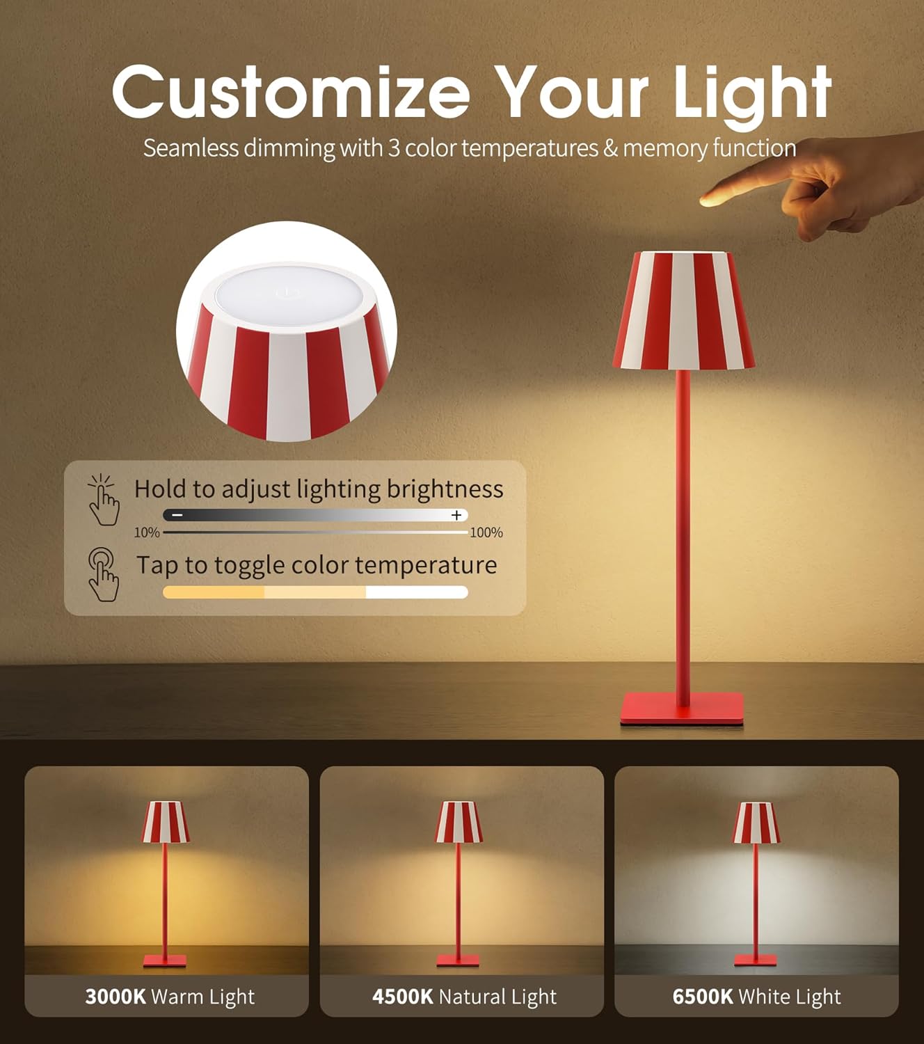UME 3 Pack Cordless Table Lamp, Battery Operated Lamp - Portable Waterproof Rechargeable Table Lamp w/ 3 Color Temps & Stepless Dimming for Dinner, Desk, Cafe, Outdoor (Christmas Red)