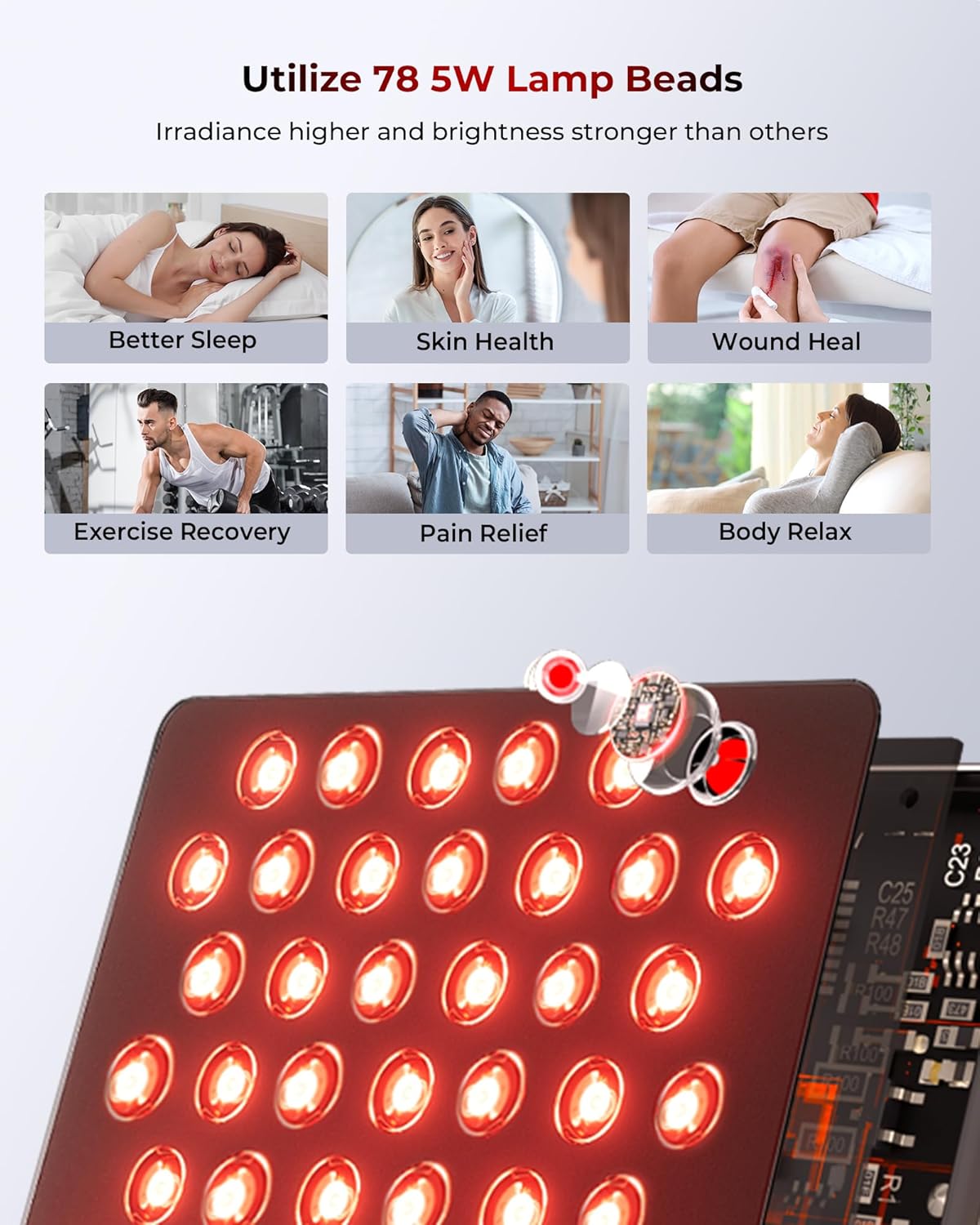 Red Light Therapy Devices, 78 pcs 4-Chip LEDs 630nm-850nm Near Infrared Light Therapy Panel, Adjustable Brightness (20-100%), Time(5-30 min) Red Light Panel for Home Office & Gym