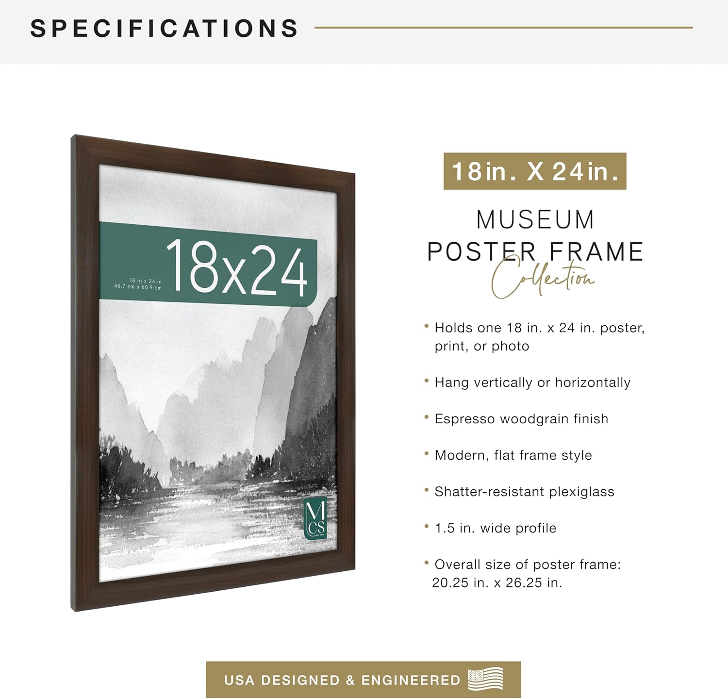 MCS Museum Poster Frame 18x24 Espresso Woodgrain, Vertical & Horizontal Wall Hanging Large Picture Frame for Photos, Posters & Art Prints (1-Pack)