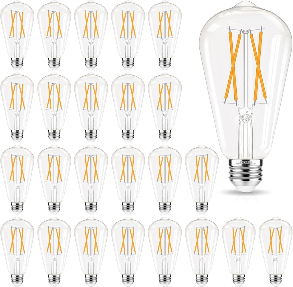 Edison Bulbs Dimmable, E26 LED Bulb 60 watt Equivalent, Soft White 2700K, ST58 Vintage Light Bulbs, 90+ CRI, 6W 600LM, E26 Medium Base, Clear Glass, 24 Pack