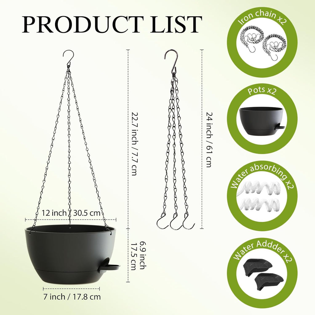 12 Inch Hanging Baskets 2 PC with Chains, Self-Watering Hanging Planters for Indoor Outdoor Plants, Plastic Hanging Flower Pots,Black