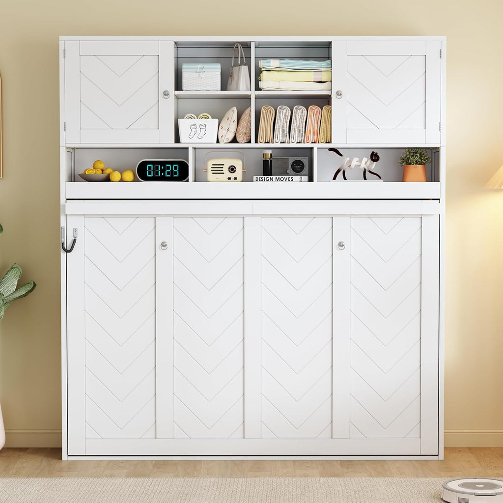 Merax Queen Size Murphy Bed Wall Bed with Top Cabinets and Shelves, Space-Saving Design Foldable Platform Bed Frame, Multifunctional Bed for Bedroom, Guest Room, Home Office, White (Chevron Stripes)