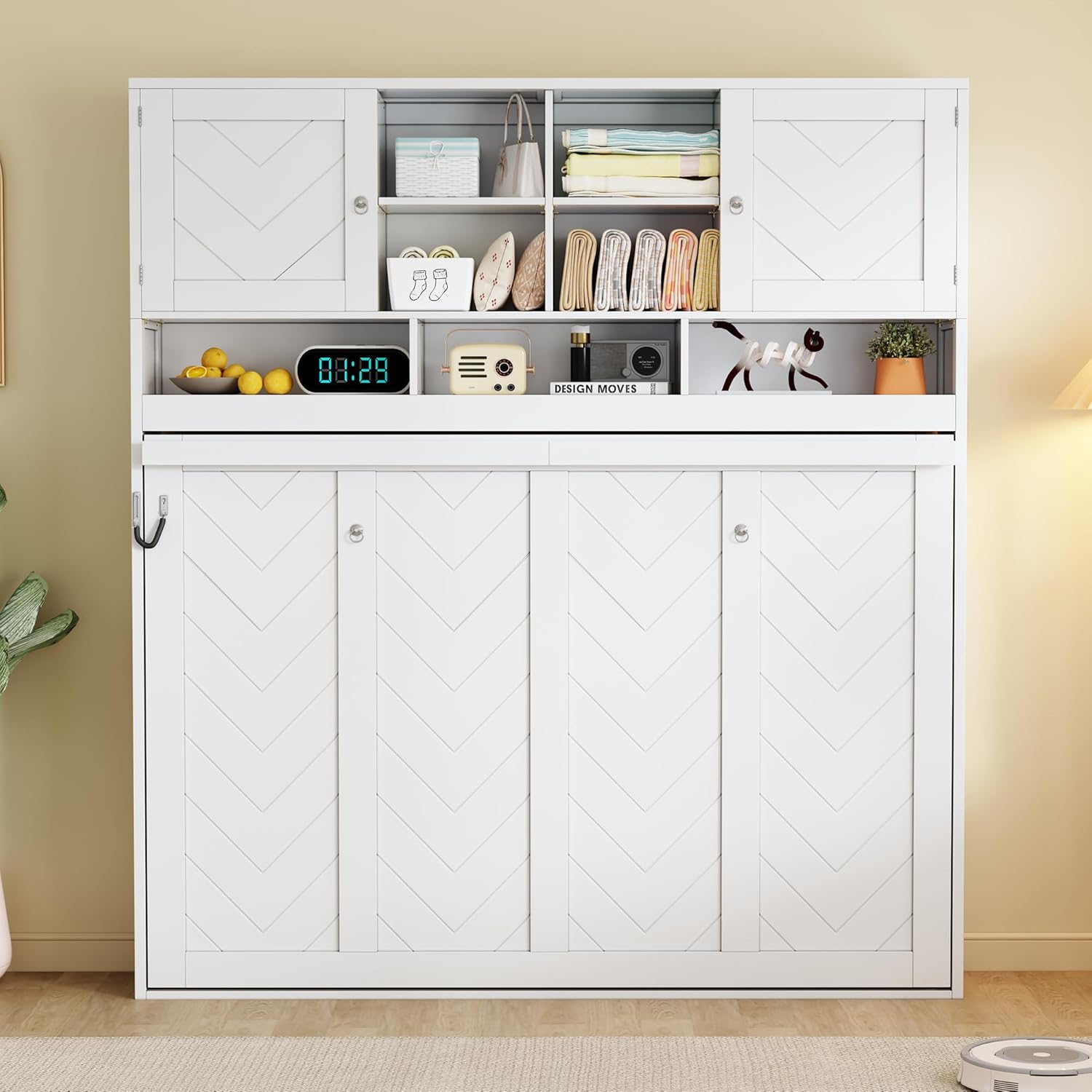 Merax Queen Size Murphy Bed Wall Bed with Top Cabinets and Shelves, Space-Saving Design Foldable Platform Bed Frame, Multifunctional Bed for Bedroom, Guest Room, Home Office, White (Chevron Stripes)