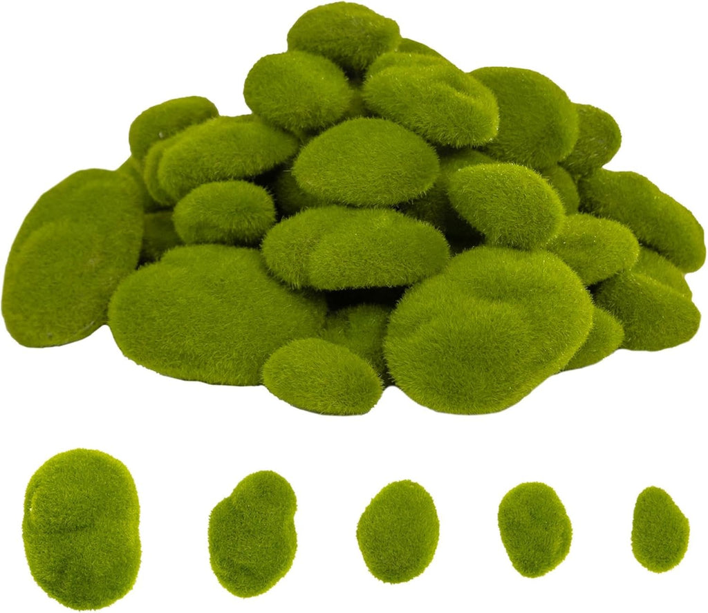 Fuxdre 50PCS Artificial Moss Rocks, 5 Size Fake Green Moss Balls, Green Moss Covered Stones, Faux Moss Decor for Floral Arrangements, Wedding Decorations, Home Decor, Fairy Gardens and Crafting