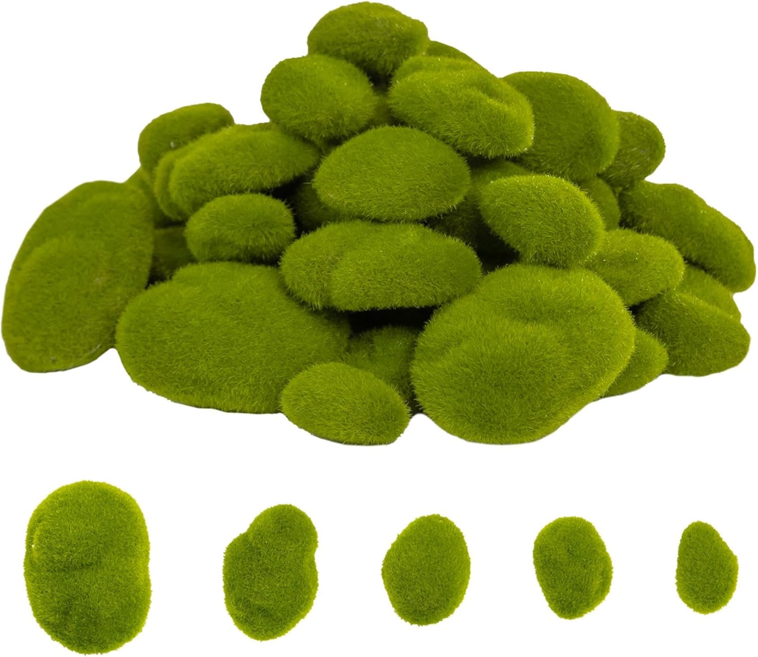Fuxdre 50PCS Artificial Moss Rocks, 5 Size Fake Green Moss Balls, Green Moss Covered Stones, Faux Moss Decor for Floral Arrangements, Wedding Decorations, Home Decor, Fairy Gardens and Crafting