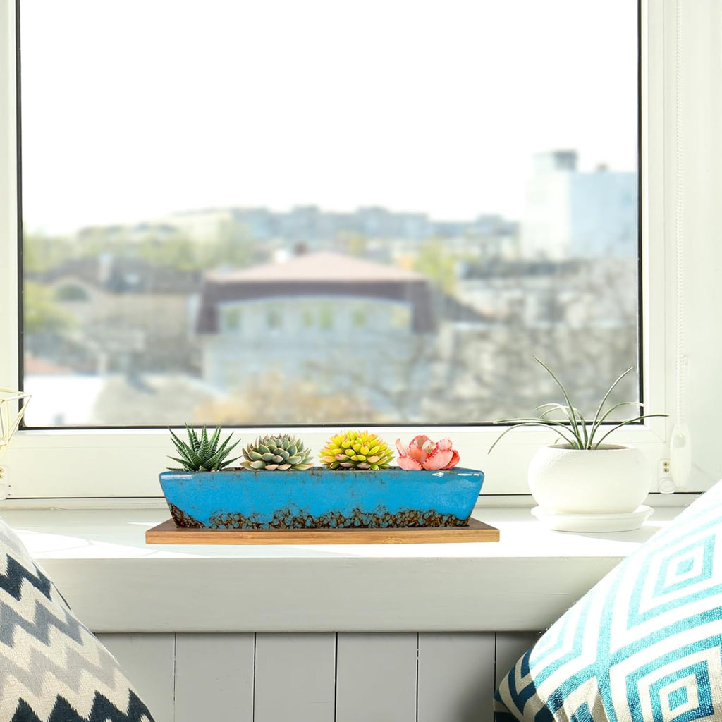 ARTKETTY Succulent Pots, 9.8 Inch Ceramic Succulent Planters with Drainage Small Bonsai Pot with Bamboo Tray, Mini Cactus Flower Planter Pot Shallow Rectangular Window Planters for Indoor Plants
