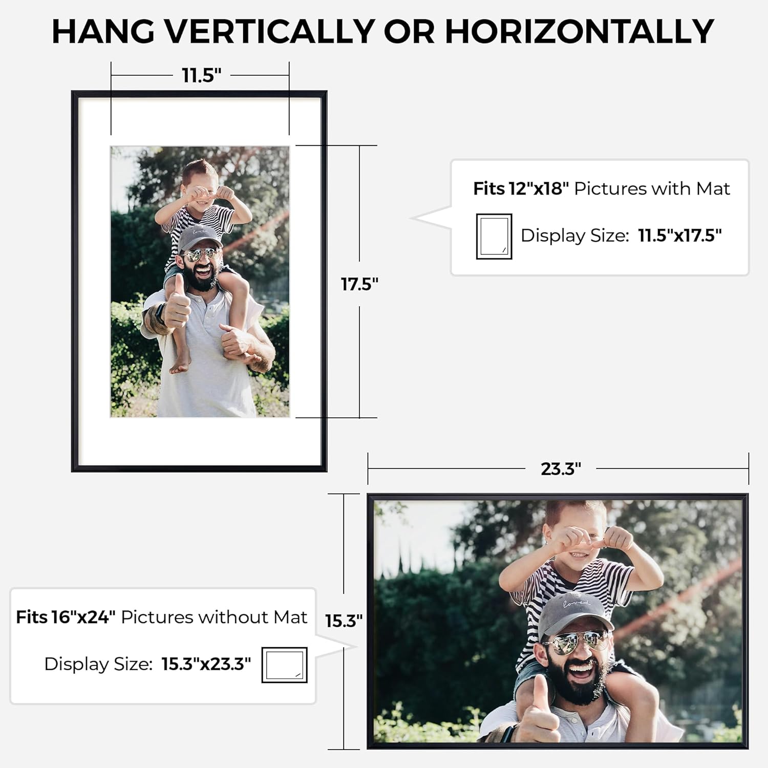 RICHFOCUS Aluminum Picture Frame - 16x24 Black Metal Frame with Mat for 12x18 Photo, Floating Frame with Tempered Glass - Poster Frame Wall Hook Included for Gallery Wall
