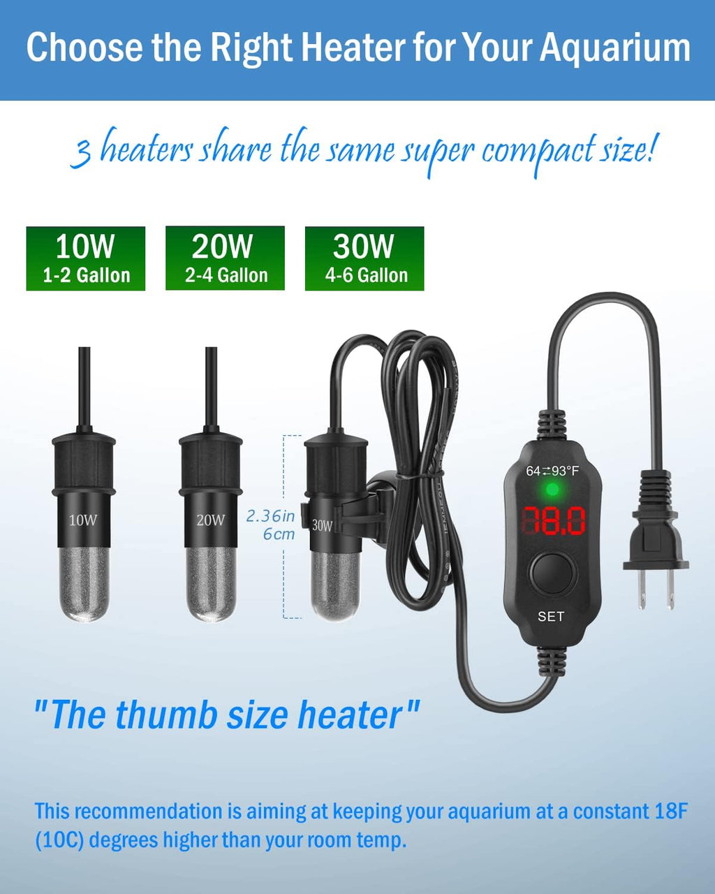 AquaMiracle Adjustable 10W Small Aquarium Heater Submersible Fish Tank Heater Betta Heater Turtle Heater Super Mini Aquarium Heater with Digital Display Thermostat, for 1-2 Gallon Tanks