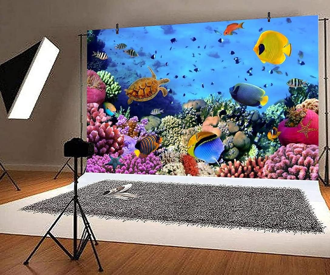 AOFOTO 7x5ft Underwater Ocean Coral Reef Backdrop Under The Sea Tropical Fish Sea Turtle Marine Life Photography Background Seabed World Nature Scene Aquarium Decor Kids Portrait Photo Shoot Props