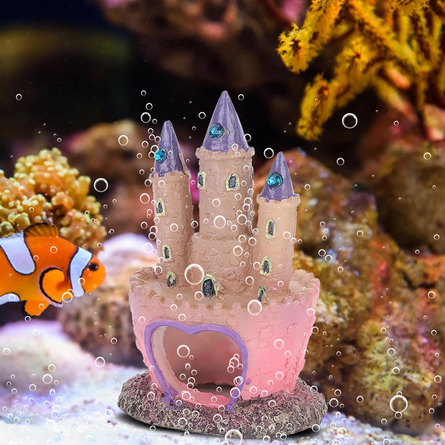 Pink Fish Tank Decor, 4.33 * 3.94 * 2.76in Cute Cartoon Aquarium Castle, Small Fish Tank Castle for Aquarium and Reptile Box