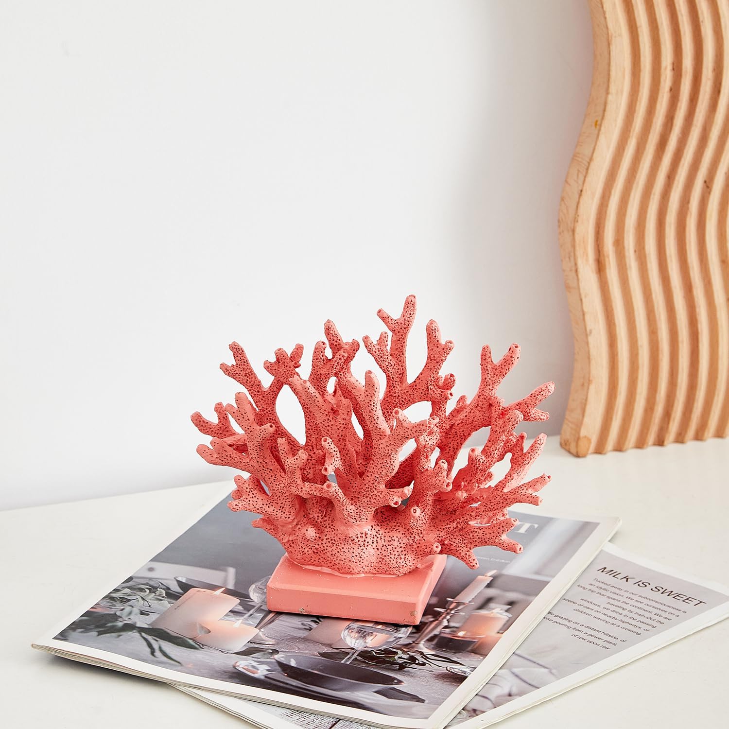 Pink Coral Décor, Nautical Red Coral Reef Decorations for Home, Marine Style Decoration, Ocean Themed Cabinet Shelf Tabletop Decor (Pink)
