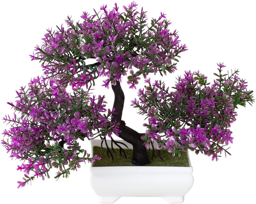 Mini Artificial Bonsai Tree Plants Artificial Plant Welcome Pine Treewith Plastic Cement Pots for Home Office Décor (Magenta)
