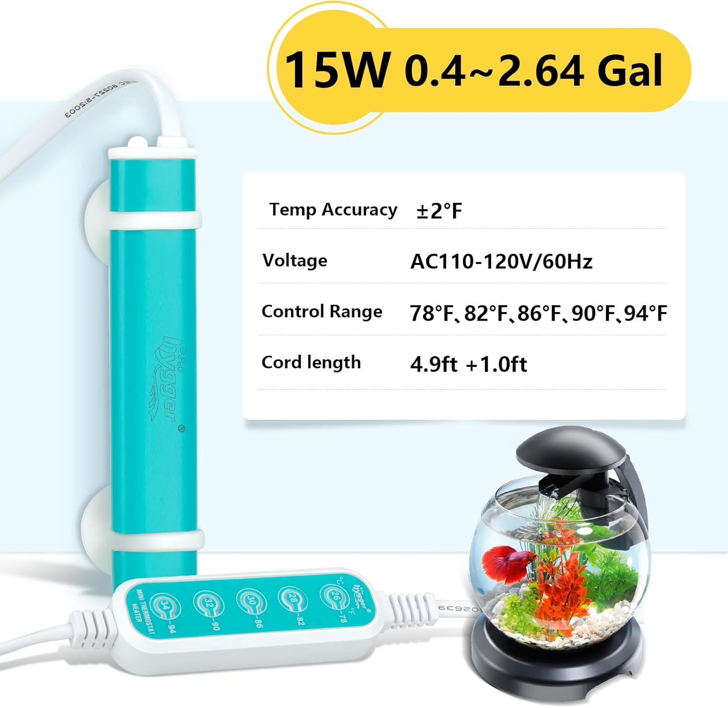 hygger Mini Submersible Aquarium Heater, Turtle and Betta Fish Tank Heater with Five-Key External Controller 78℉、82℉、86℉、90℉、94℉ for Freshwater Small Tank