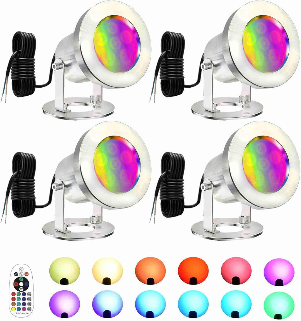 LED Pond Lights with Remote Control, 6W SS316 Stainless Steel RGB Underwater Fountain Light IP68 Waterproof Outdoor Underwater Lights for Pond Waterfall (4)