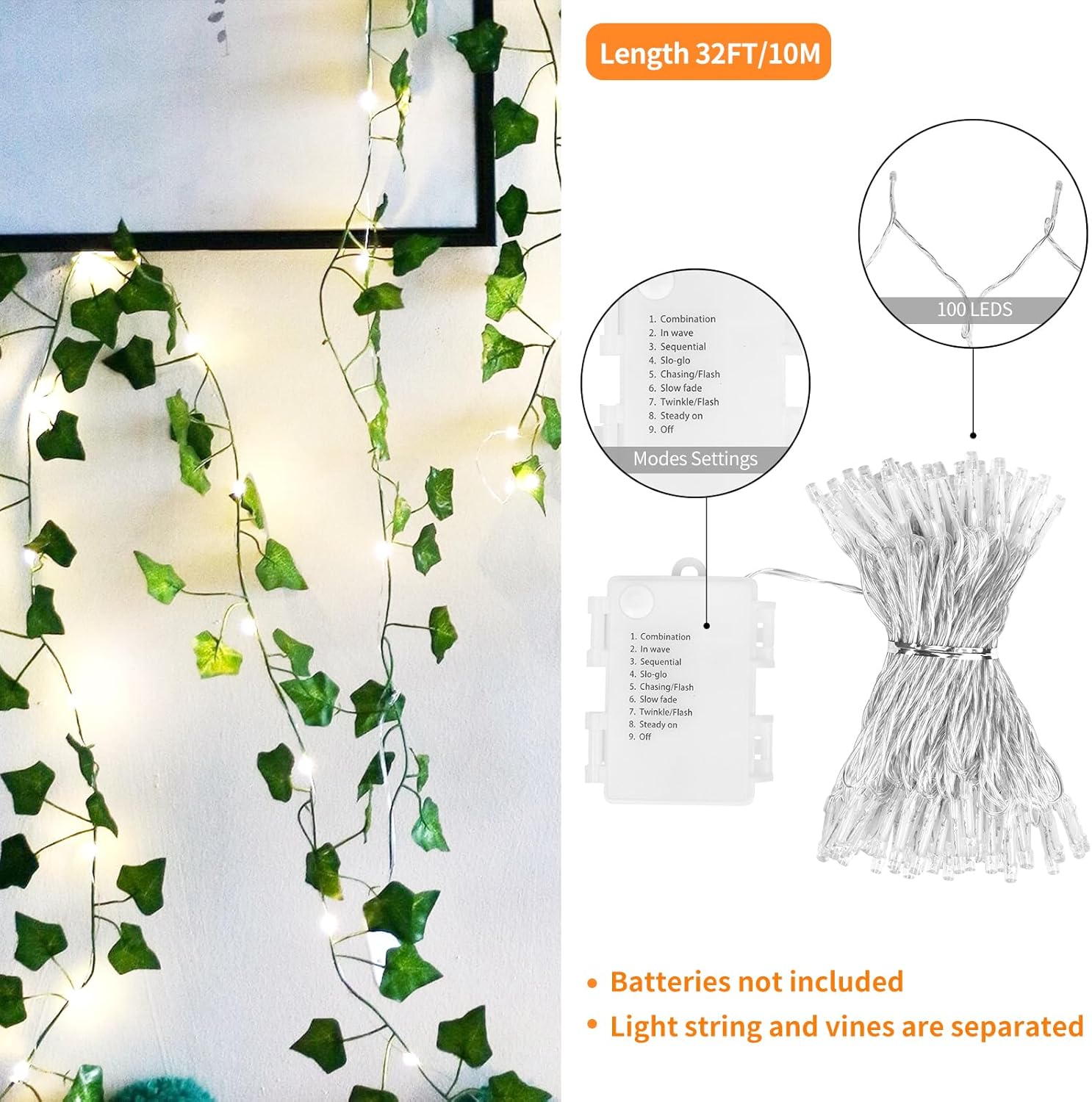CEWOR 14 Pack 98 Feet Fake Ivy with Lights, Artificial Garland with 100 LED String Lights Greenery Hanging Plant Vine for Bedroom Wall Decor Wedding Party Room Aesthetic Stuff