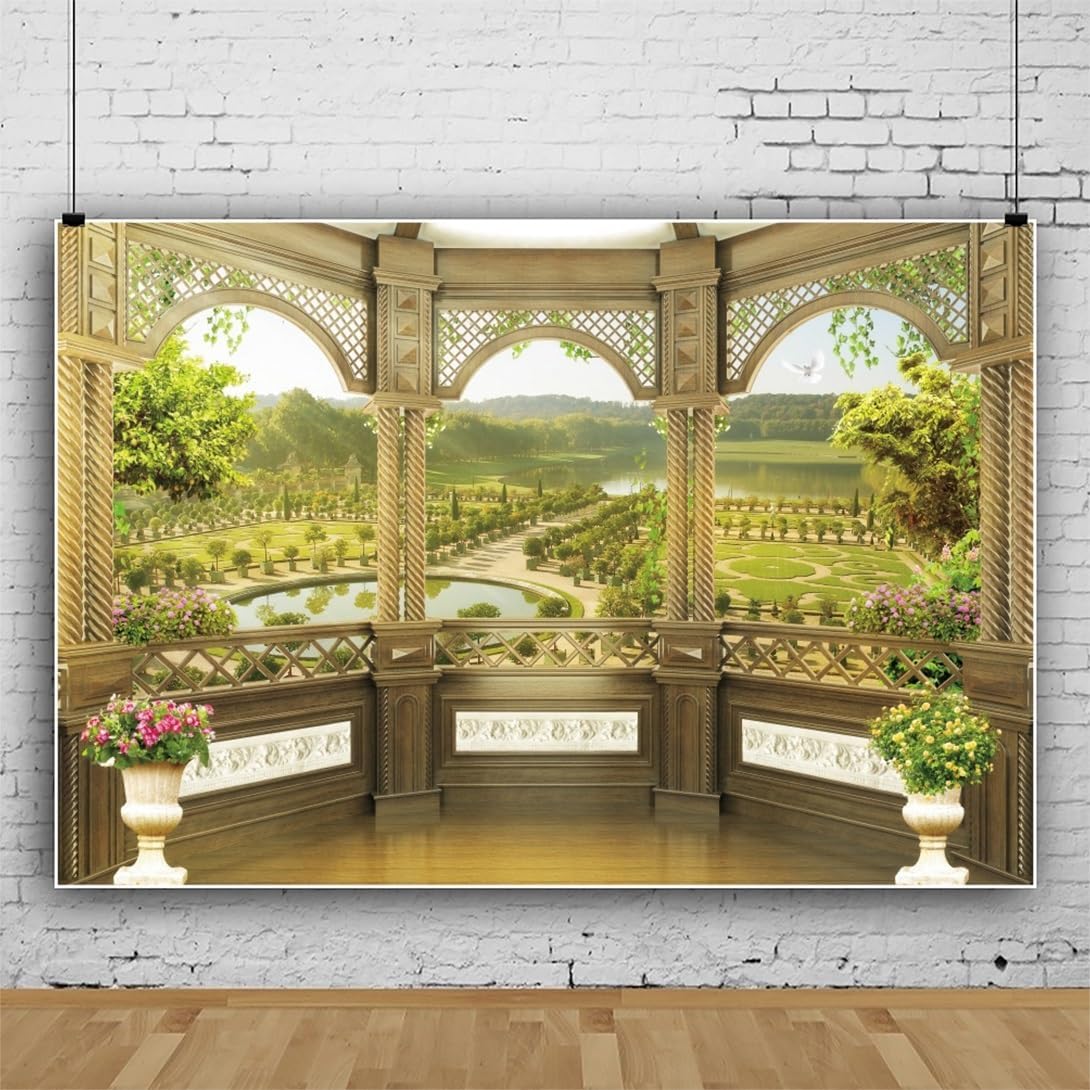 10x6.5ft Window Scenery Backdrop Golden Vintage Fence Green Tree Mountain Lake Nature Park Landscape Photography Background Party Birthday Wedding Bridal Studio Photo Props Polyester