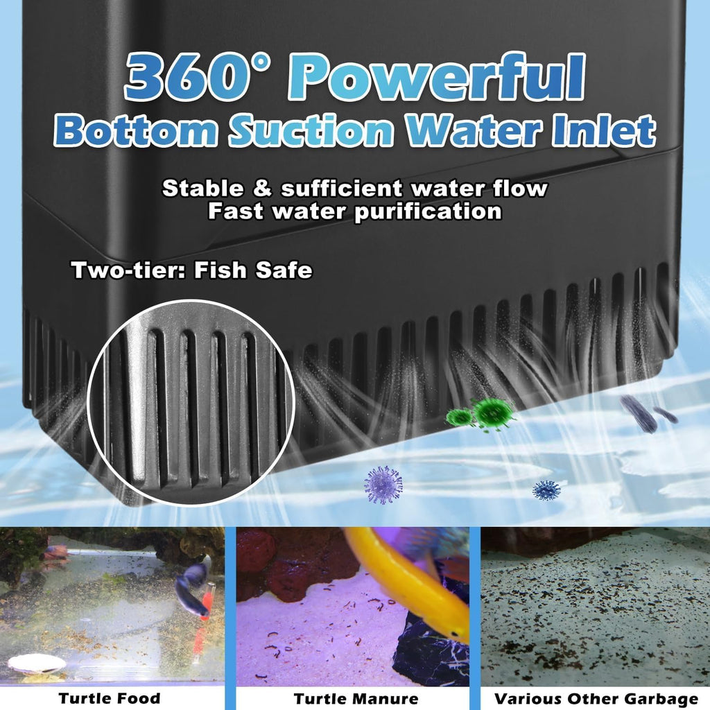 Turtle Tank Filter w/ U-V Light for Large 40-150 Gal Tank 4-Stage Flow Adjustable Low Water Level Internal Deodorization Green Clean Machine Killing Cloudy Saltwater Freshwater Aquarium Crystal Clear