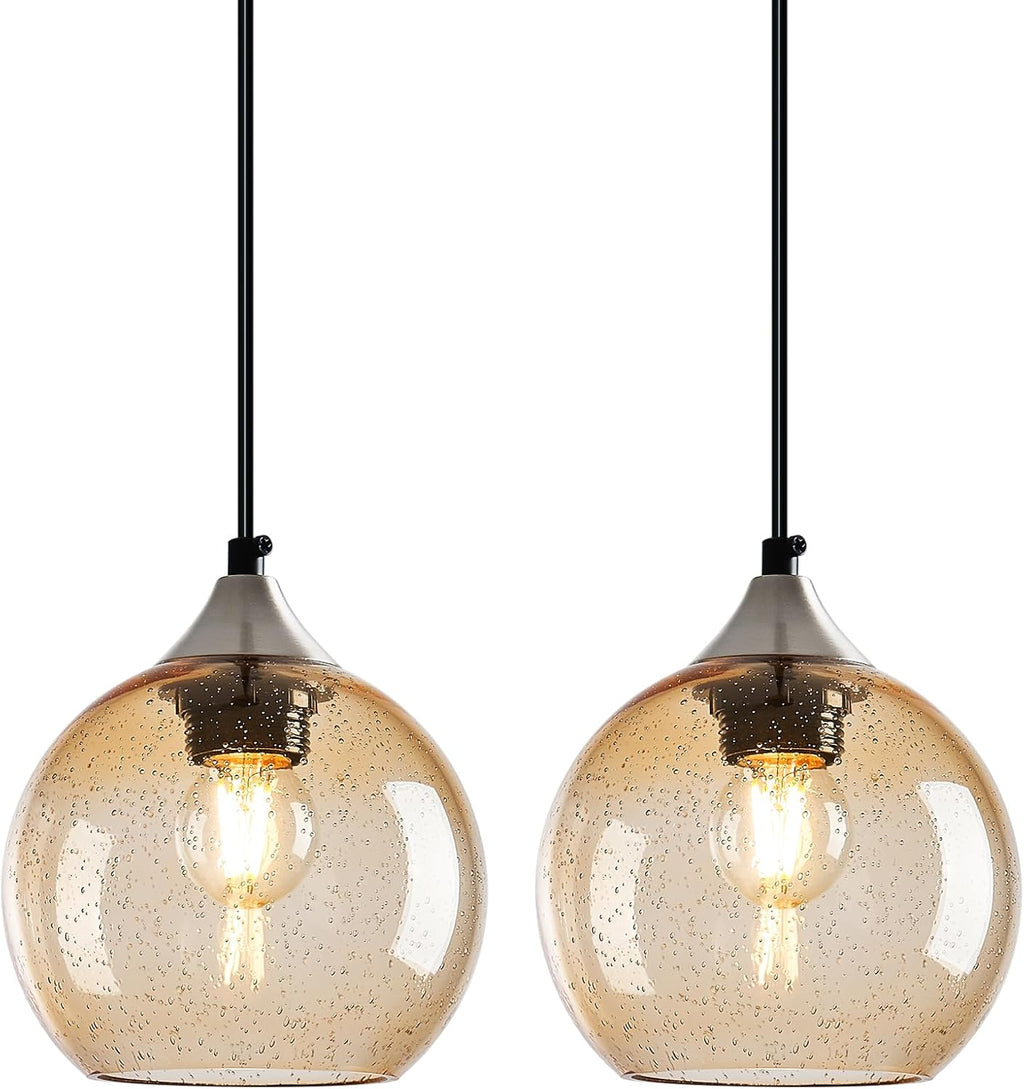 Light Brown Glass Pendant Lights Kitchen Island Globe Pendant Light Fixtures Modern Pendant Lighting for Bedroom Living Dining Room Light Fixture (5.9 in, 2 Pack)