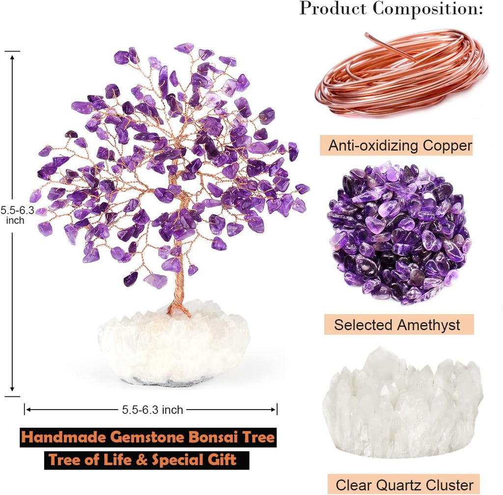 Natural Amethyst Crystal Tree of Life,Clear Quartz Cluster Base,Healing Crystals Positive Energy Gem Money Tree Bonsai,Feng Shui Decor,Spriture Gift Size 5.5"-6.3"