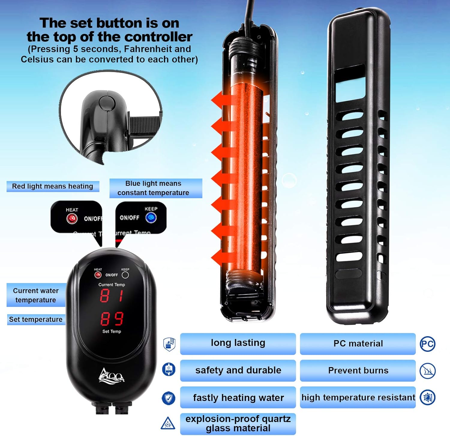 AQQA Submersible Aquarium Heater,100W/200W/300W/500W/800W/1000W/1200W Fish Tank Heater,External Temperature Controller LED Temperature Display,Suitable for Saltwater and Freshwater(300W)