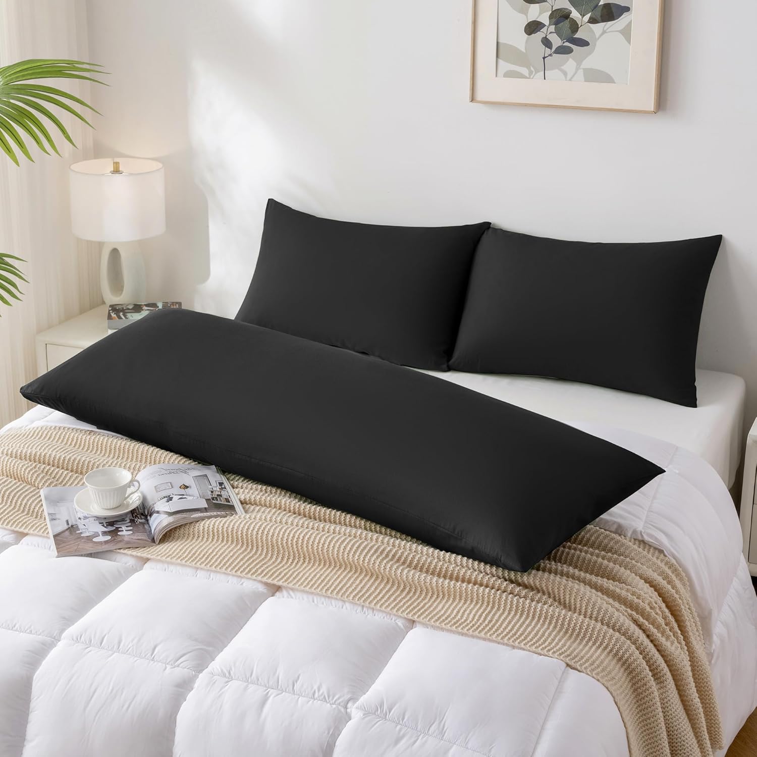 JELLYMONI Pillowcase Body 1pc Cotton Envelope Pillow Cover Pure Black 20×54in Bed Pillow Case 100% Washed Cotton Soft Breathable (Pillows are not Included)