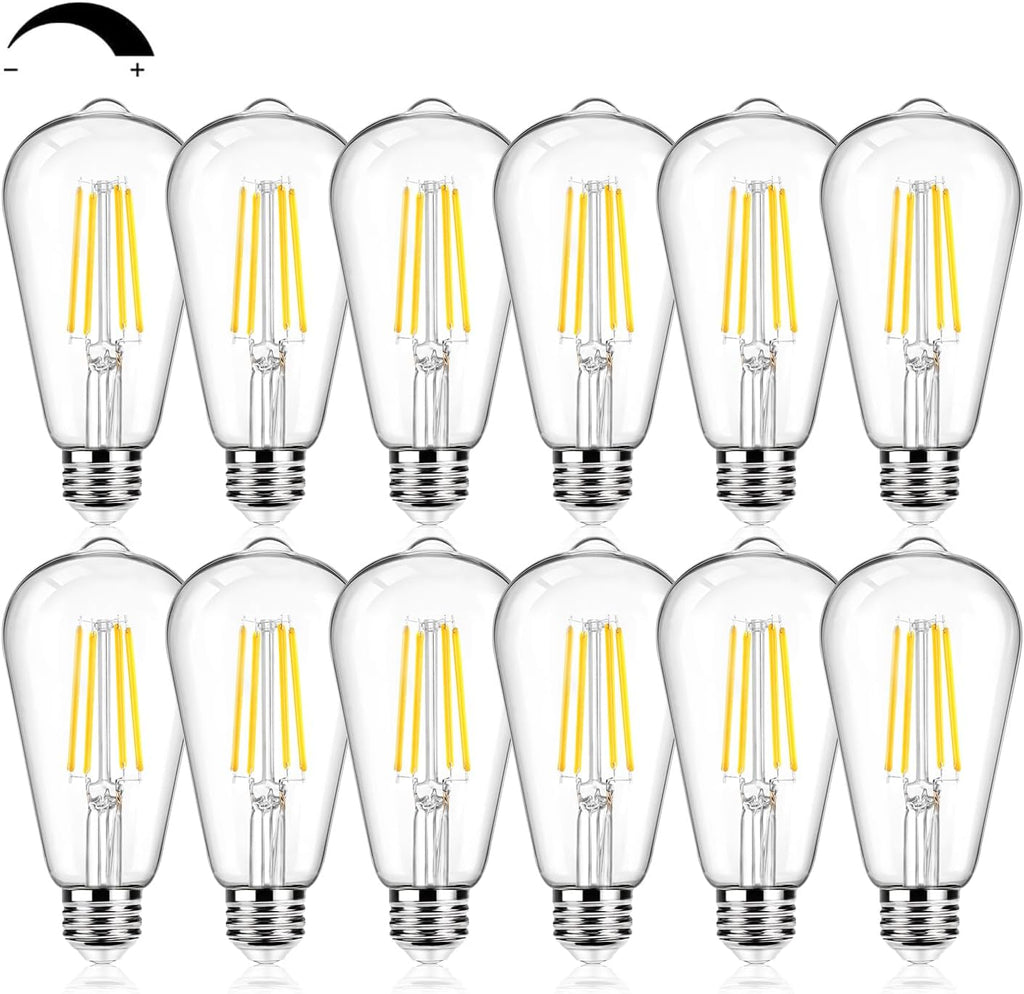 12Packs ST64 Large Vintage LED Edison Bulbs, 60W Equivalent 7W, 800Lumens, Dimmable Antique LED Filament, 3000K Warm White, E26 Medium Base Light Bulbs High Brightness Clear Glass for Bedroom Office