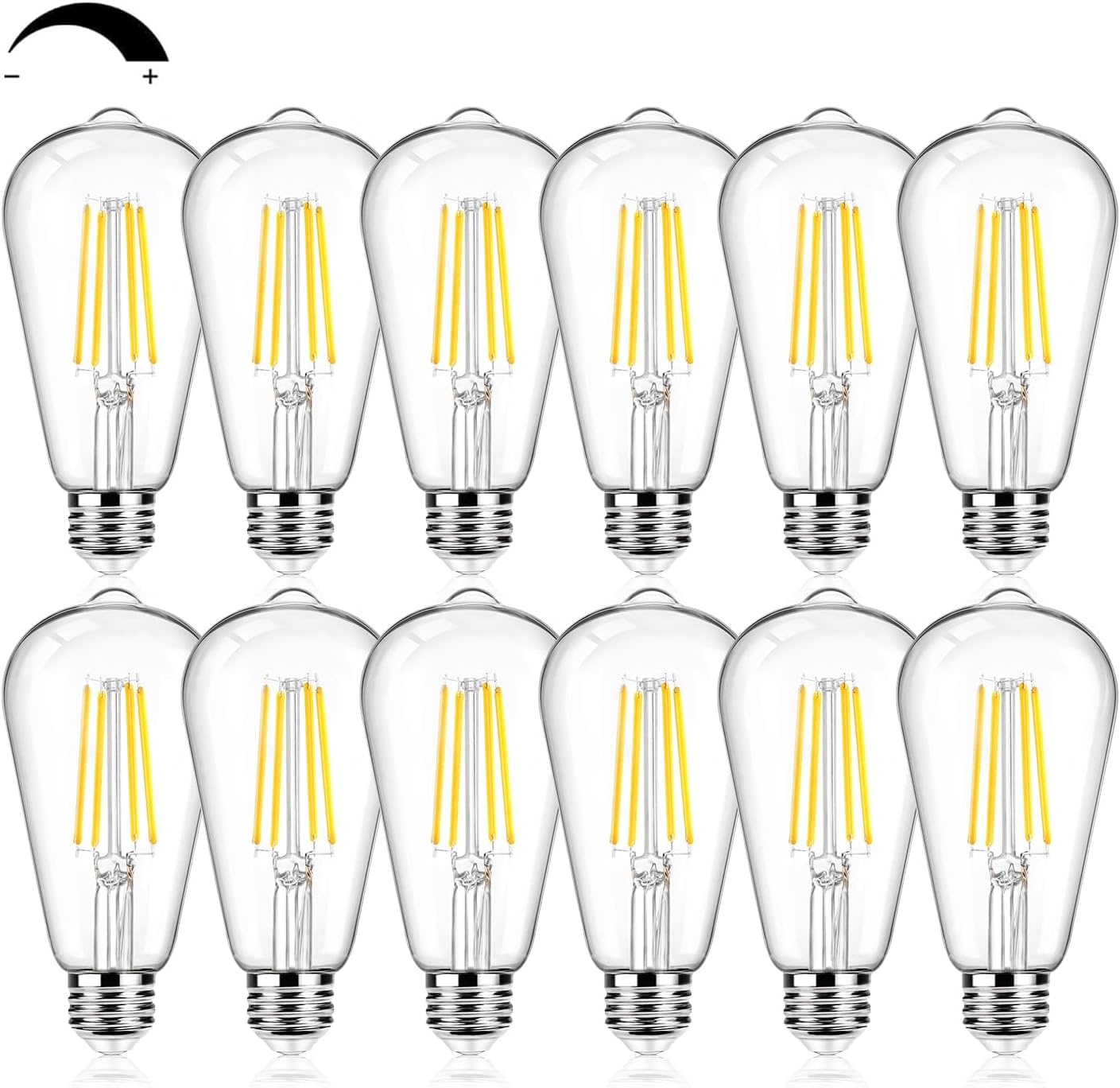 12Packs ST64 Large Vintage LED Edison Bulbs, 60W Equivalent 7W, 800Lumens, Dimmable Antique LED Filament, 3000K Warm White, E26 Medium Base Light Bulbs High Brightness Clear Glass for Bedroom Office
